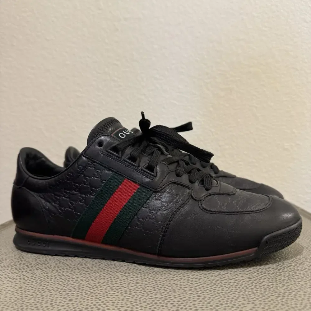 Gucci Shoes Micro Guccissima Black Leather Web Low Top Gucci Sneakers Sz 8 G